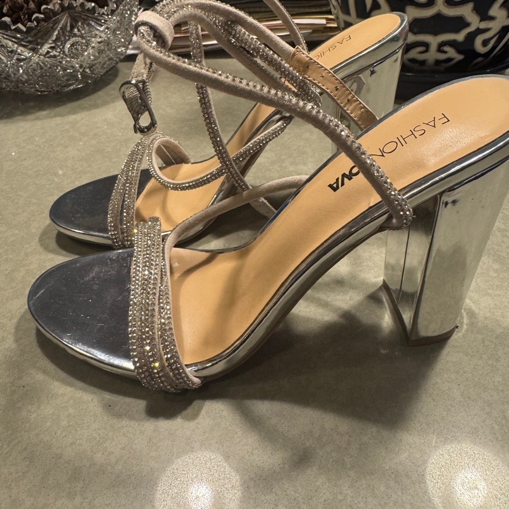 Fashion Nova Silver Strappy Heels